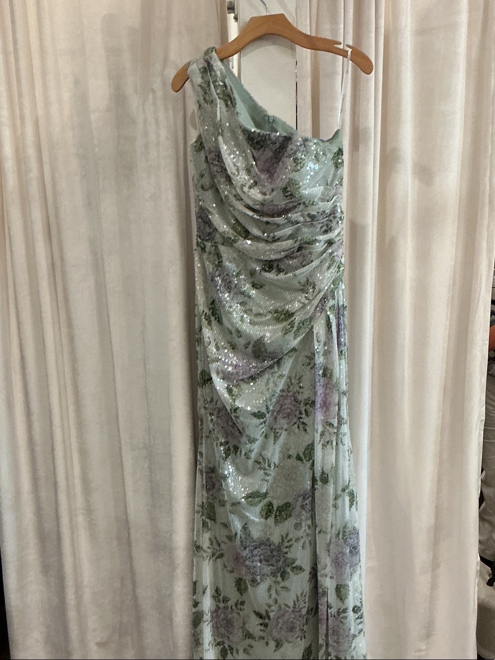 Christina Wu Mint Green Floral One-Shoulder Sequin Gown